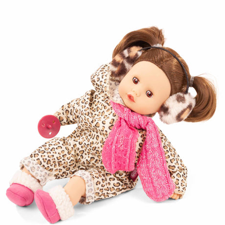 Muffin Cats Doll in leopard suit with glitter scarf, earmuffs, winter boots, and pacifier, soft filled, 30-33 cm size, suitable for ages 3+