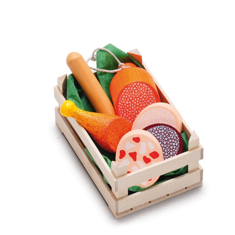 Sortiment Wurstwaren kinder Holzspielzeug Kaufladen Wurstwaren aus Buchenholz.