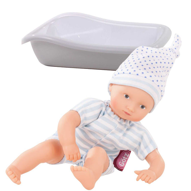 Mini Aquini Badepuppe mit blau gestreiftem Stoffkörper und gepunkteter Mütze, 22 cm, für Kinder ab 18 Monaten