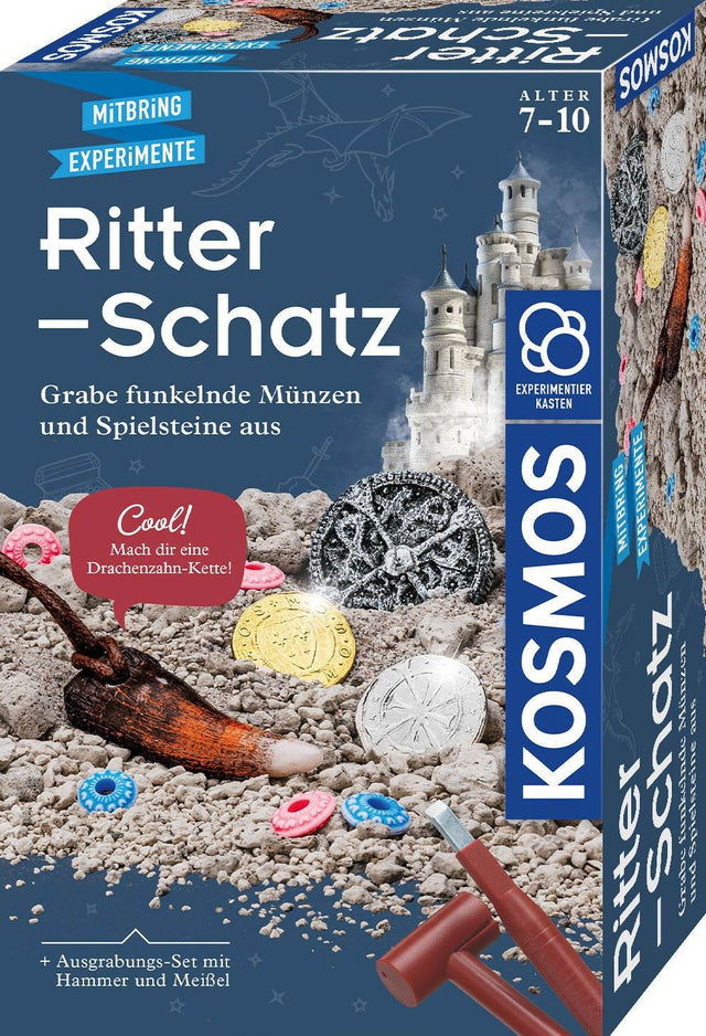 Kinderspiel Ausgrabungsset von Kosmos mit Hammer, Meißel und Drachenzahnschatz im Gipsblock