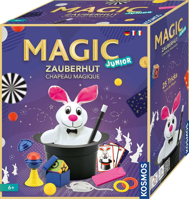 Magic Zauberhut set with plush rabbit, enchanted coins, magical cards, and colorful instruction booklet for kids.
