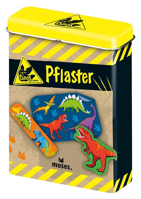 Pflaster Dino box with 20 sterile elastic dinosaur-themed plasters in three shapes for kids and fans.