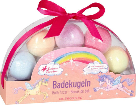 Badekugeln Einhorn-Paradies Set mit fünf regenbogenfarbenen Badebomben für magische Sommerfrüchte-Düfte