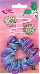 Haarschmuck-Set Nella Nixe mit funkelnden Muschel-Haarclips und glitzerndem Haargummi für Meerjungfrauen-Look