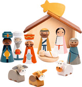 Holzkrippe mit Figuren - Fröhliche Weihnachten