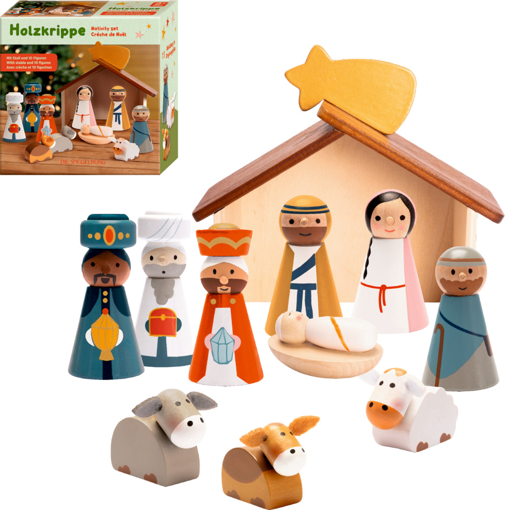 Holzkrippe mit Figuren - Fröhliche Weihnachten
