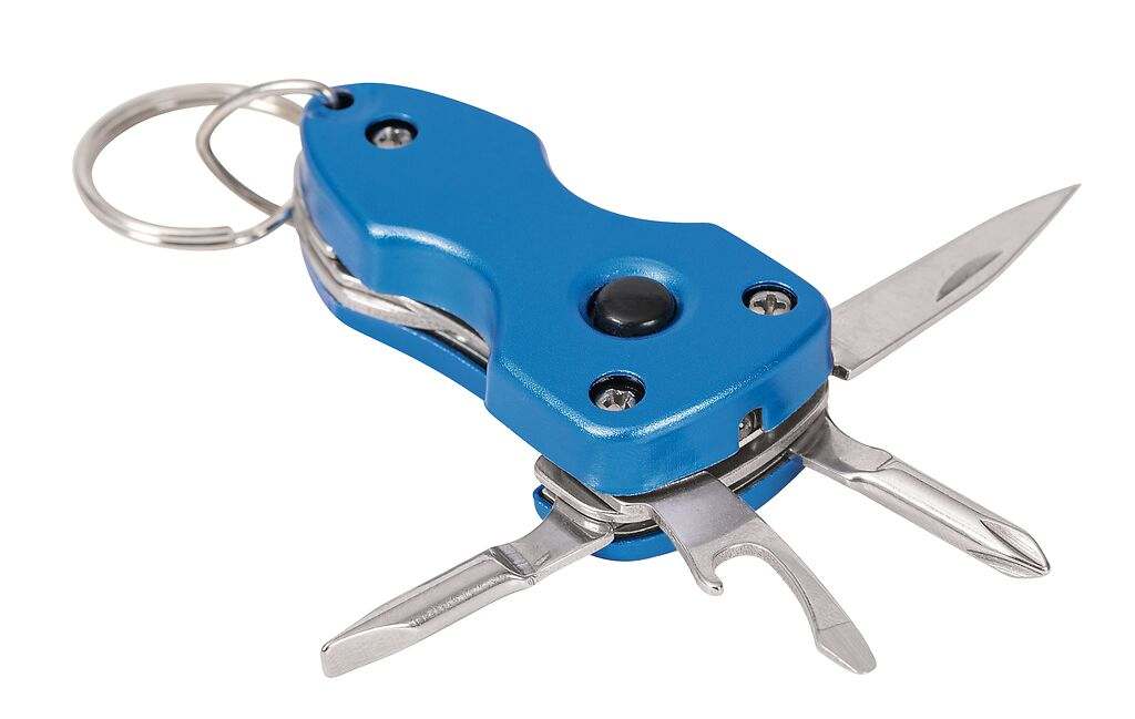 Expedition Natur Multitool-Anhänger mit LED-Licht, Messer, zwei Schraubenziehern und Flaschenöffner, kompakt und metallisch, ideal für Schlüsselbund und Outdoor-Einsatz.