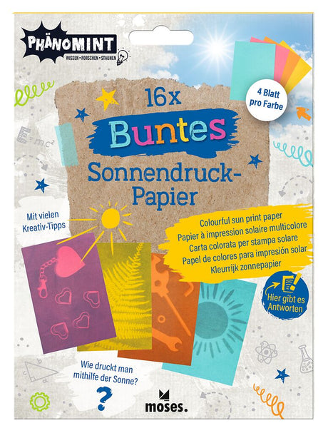 Buntes Sonnendruckpapier mit kreativen Sonnenlicht-Mustern für Kinderexperimente