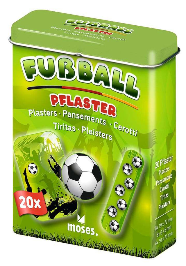 Fußball Pflaster in Metallbox mit 20 Stück und verschiedenen Motiven für kleine Verletzungen beim Spielen