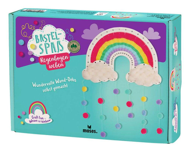 Kinderzimmer Wand-Deko Bastelset Regenbogen aus Holz und Wolle mit buntem Garn und Pompons