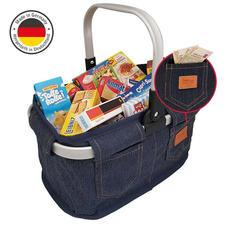 Einkaufskorb aus echtem Jeansstoff mit Taschen und Lederemblem, gefüllt für Kinder-Rollenspiel
