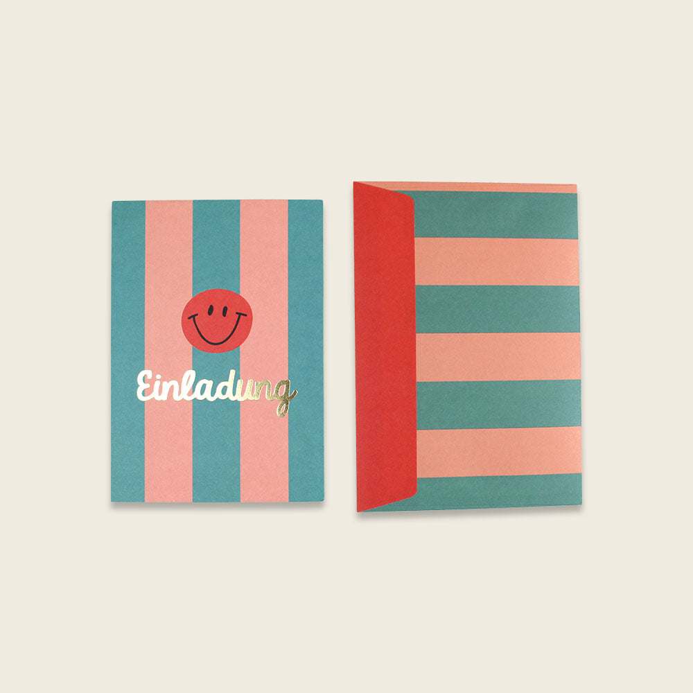 Einladungsset mit Goldfolie Stripes/ türkis/lachs/koralle