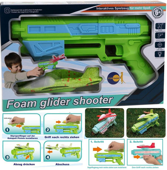 Foam Glider Shooter Styropor Flieger mit Licht und Katapult Pistole in Blau-Grün und Türkis-Rosa für Kinder ab 3 Jahren