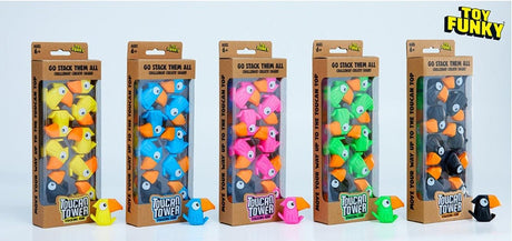 Bunter Toucan Tower Stapelspiel mit balancierten Tukans in verschiedenen Farben