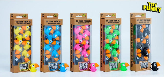 Bunter Toucan Tower Stapelspiel mit balancierten Tukans in verschiedenen Farben