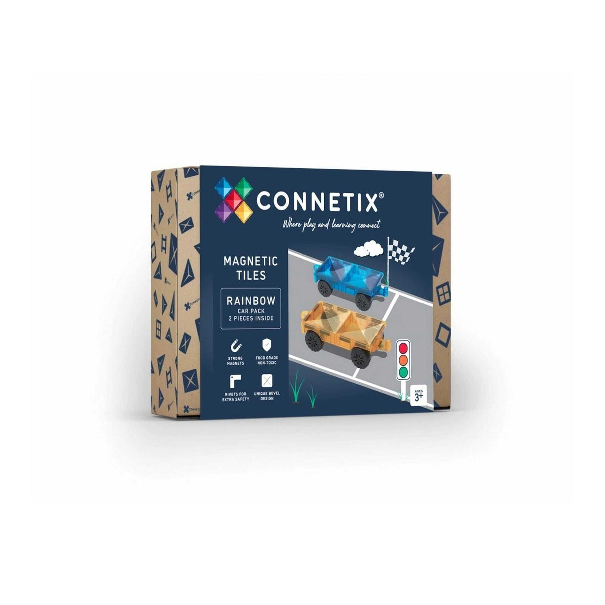 Magnetbausteine Rainbow Auto-Set mit blauer und gelber Basis und echten Gummireifen
