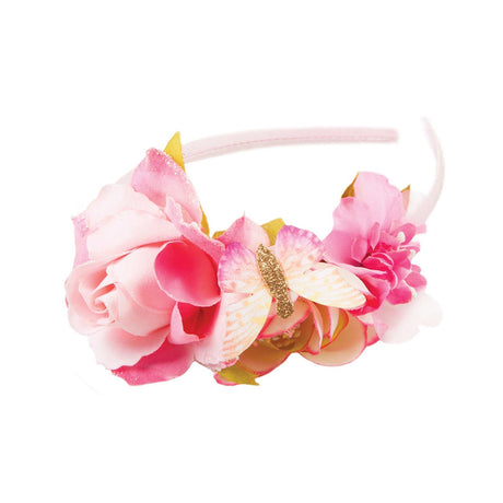 Blumen Haarreif für Kinder mit bunten Blüten auf grünem Band, ideal für Fasching und Rollenspiele.