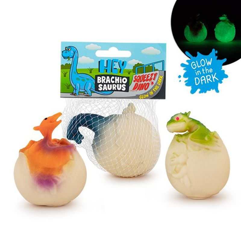 HEY DINO SQUEEZY Glow-in-the-dark dinosaur squeeze toy in orange, green, and blue with EVA powder filling.