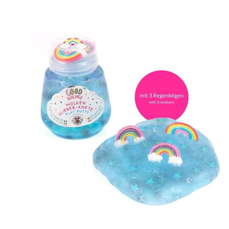 Wolken-Glibber Knete mit elastischer Konsistenz und Regenbogen-Deko im Geschenkset