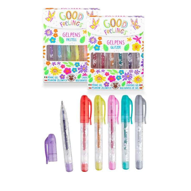 Mini-Gelstifte-Set mit 6 farbigen Stiften und Silberfolien-Flowerdesign in Aufbewahrungs-Papierbox