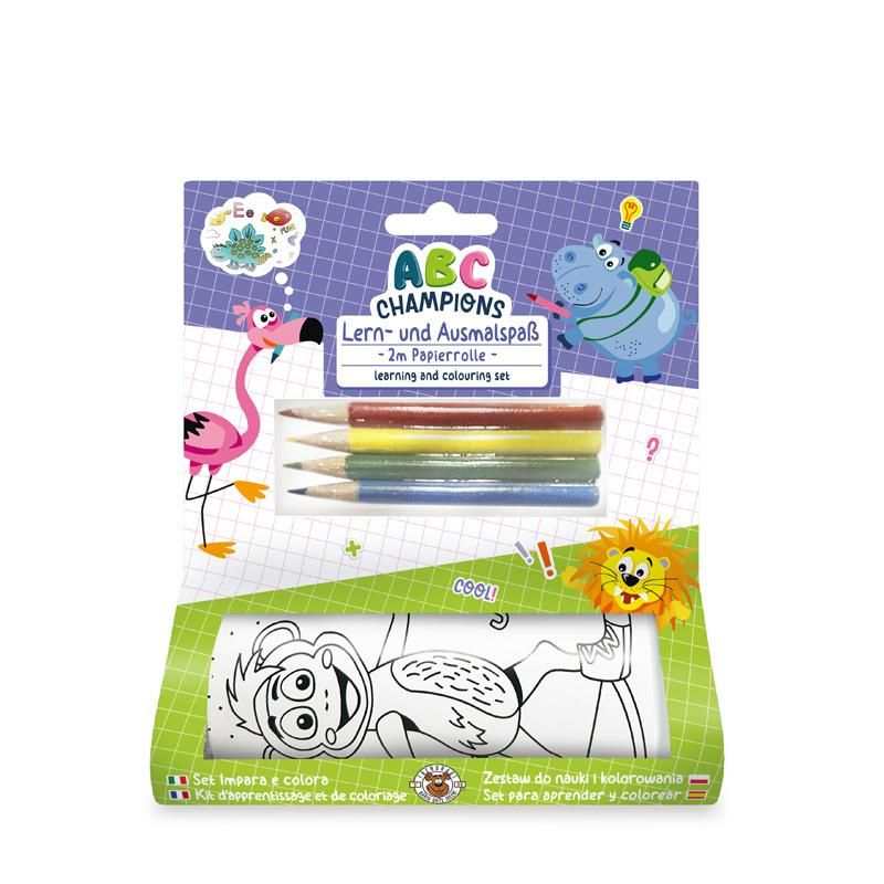 ABC CHAMPIONS Lern- & Ausmalset mit Papierrolle und 4 Buntstiften für Kinder