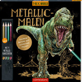 Metallic-Malen Malblock mit 24 schwarzen Seiten und T-Rex World Metallic-Motiven inklusive 4 Metallic-Buntstifte für Dino Fans