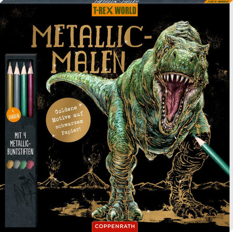 Metallic-Malen Malblock mit 24 schwarzen Seiten und T-Rex World Metallic-Motiven inklusive 4 Metallic-Buntstifte für Dino Fans