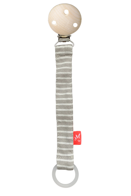 Schnullerkette Streifen Grau aus Holz und Baumwolle, 17 cm lang, sicher und praktisch für Babys