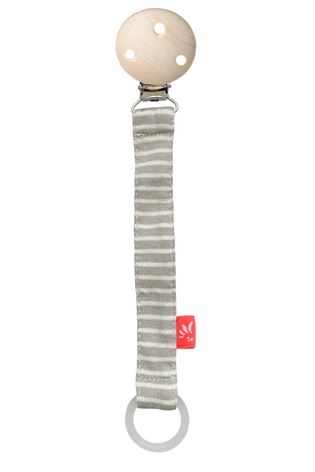 Schnullerkette Streifen Grau aus Holz und Baumwolle, 17 cm lang, sicher und praktisch für Babys