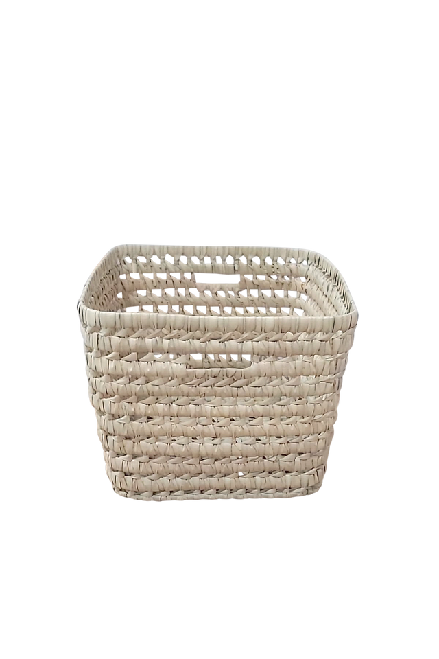 Handgefertigter quadratischer Aufbewahrungskorb aus Palmblättern mit marokkanischem Design, 34x27x19 cm