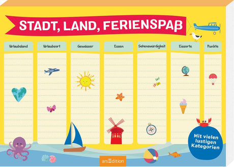 Stadt Land Ferienspaß Ferienblock mit 90 Spielvorlagen für Familien- und Freundespiele