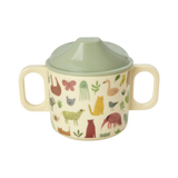 Babytrinkbecher mit Handgriff aus Melamin mit süßem Dschungel-Design und grünem Deckel