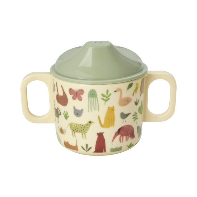 Babytrinkbecher mit Handgriff aus Melamin mit süßem Dschungel-Design und grünem Deckel