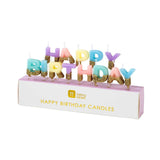 Happy Birthday Kerzen mit goldenem Glitzer in Mint, Pastellblau, Lavendel, Gelb und Rosa auf Geburtstagstorte