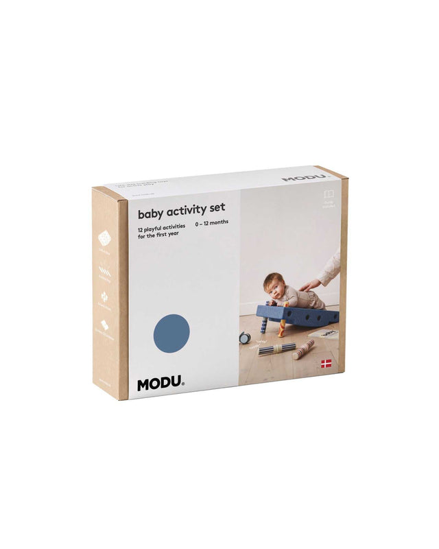MODU Baby Activity Set in Deep Blue with twelve engaging sensory and motor skill activities for infants