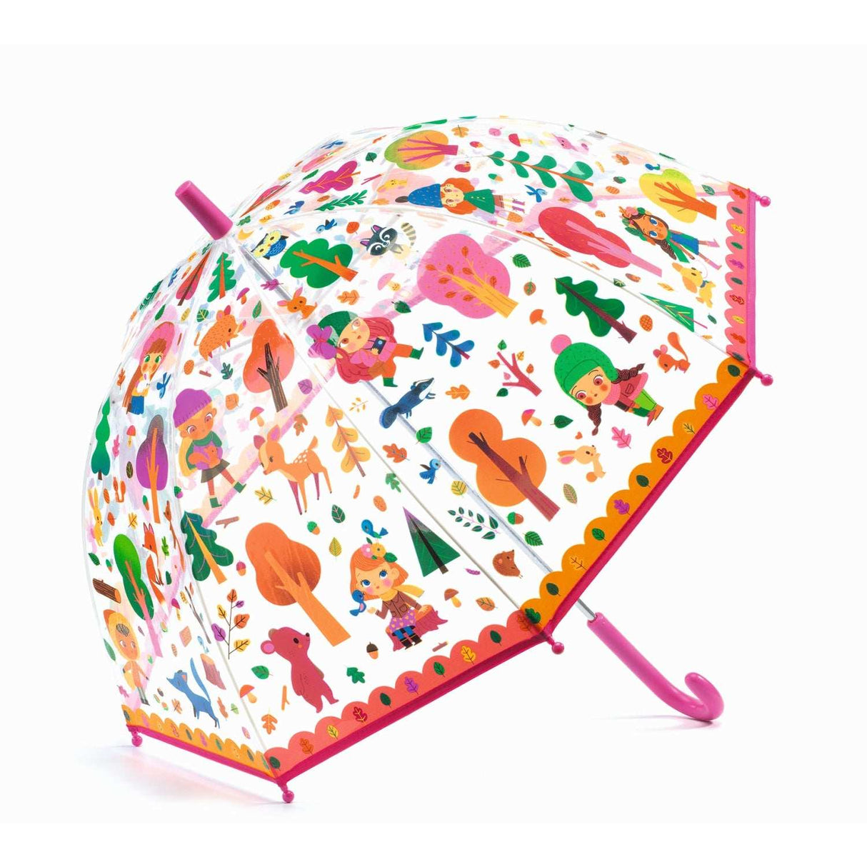 Transparenter Regenschirm Wald mit Waldmotiven und flexiblem Glasfasergestell für Kinder