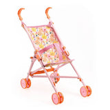 Puppenwagen Flowers in Frühlingsfarben mit Blumenmotiven, faltbar und leicht, ideal für 30-36 cm Puppen.