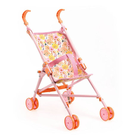 Puppenwagen Flowers in Frühlingsfarben mit Blumenmotiven, faltbar und leicht, ideal für 30-36 cm Puppen.