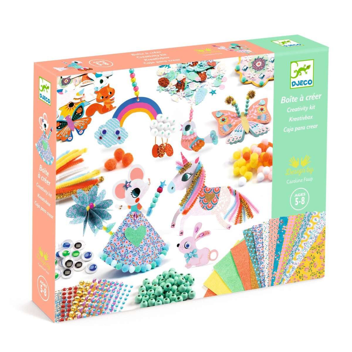 Kreativbox Djeco mit Perlen, Pompons, beweglichen Augen und Bastelmaterial für Kinder