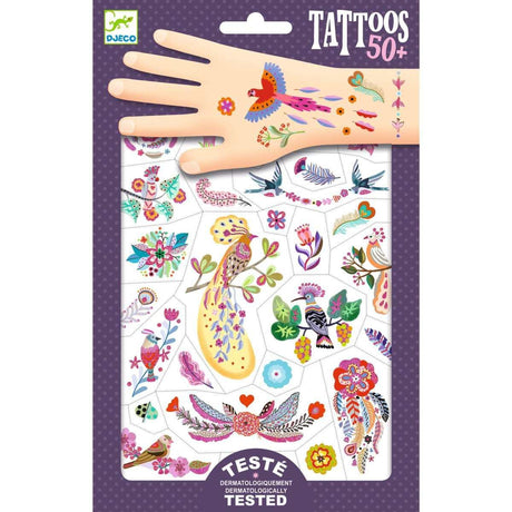 Zwei Bögen mit temporären Klebetattoos von Paradiesvögeln mit metallischem Effekt von Djeco