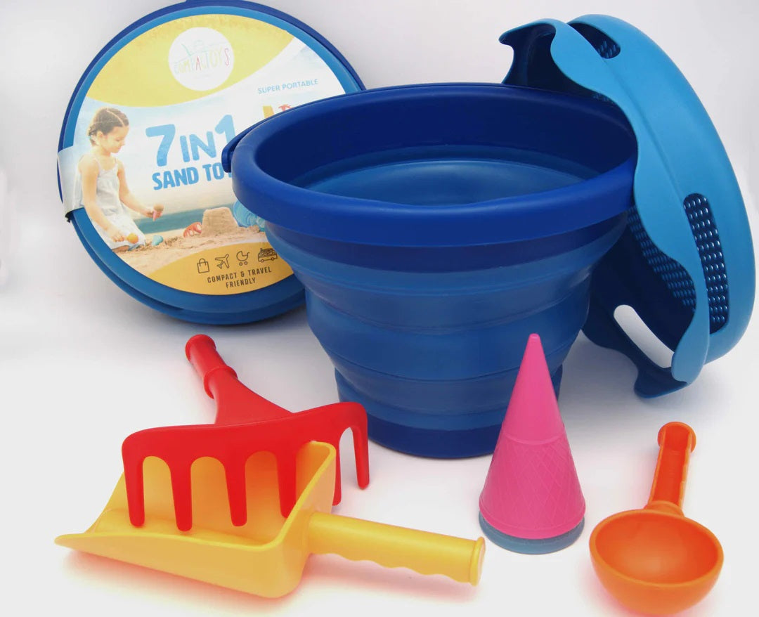 Sandspielzeug 7in1 Set mit Eimer, Sieb, Schaufel, Rechen und Eisformen für Kinder