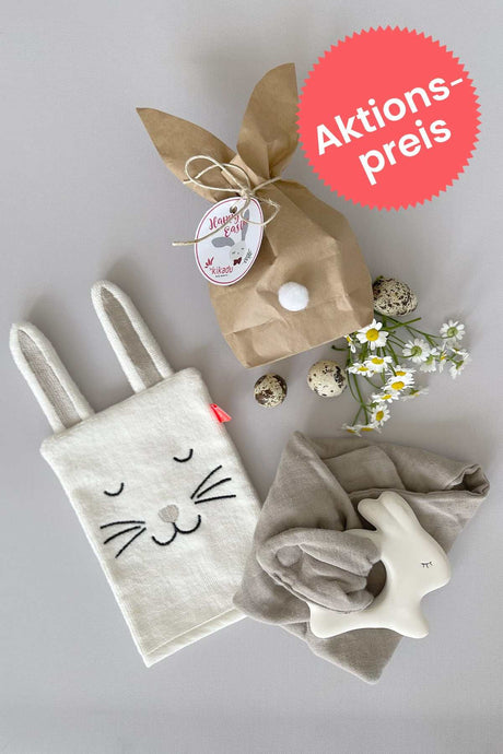 Osterhäschen-Set mit Bio-Waschlappen und Natur-Kautschuk Beißring für Babys