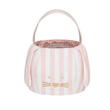 Stripy Bunny Bucket Bag pink striped fabric with gold embroidered bunny face and soft ears, fully lined with pink Vichy fabric, 24x12.5 cm Easter gift bag
