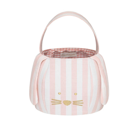 Stripy Bunny Bucket Bag pink striped fabric with gold embroidered bunny face and soft ears, fully lined with pink Vichy fabric, 24x12.5 cm Easter gift bag
