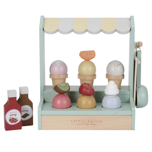 Holz Spielzeug-Eisstand von Little Dutch mit gelb-weißer Markise und bunten Eistoppings