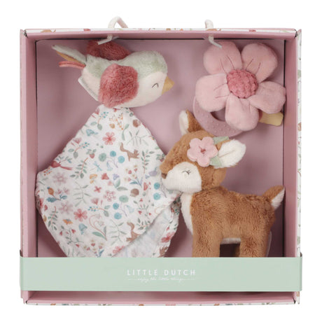Geschenk-Set Fairy Garden mit Plüschtieren, Musselin-Schmusetuch und Beißring in pinker Geschenkbox für Babys