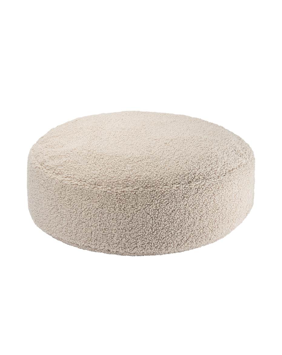 Kinder Ottoman aus zertifiziertem Teddystoff, rundes Sitzkissen, leicht und umweltfreundlich