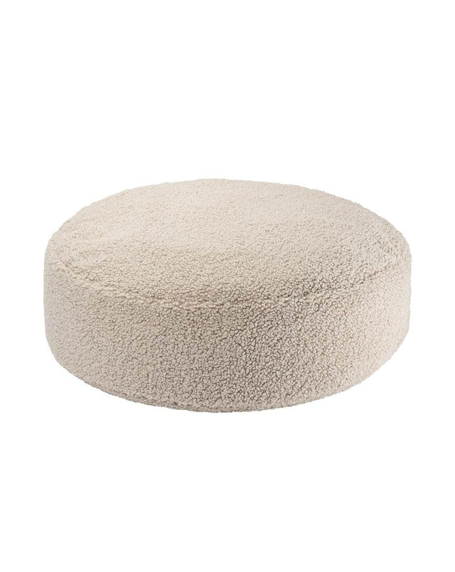 Kinder Ottoman aus zertifiziertem Teddystoff, rundes Sitzkissen, leicht und umweltfreundlich