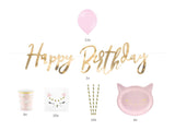 Party Dekorationsset rosa Kätzchen mit Happy Birthday Banner, Bechern, Tellern, Strohhalmen, Servietten und rosa Ballons