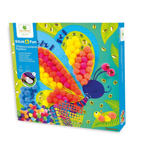 Sycomore Stick & Fun Pompom Bilder Bastel-Box mit bunten Pompons und Schmetterlingsmotiven für Kinder ab 3 Jahren
